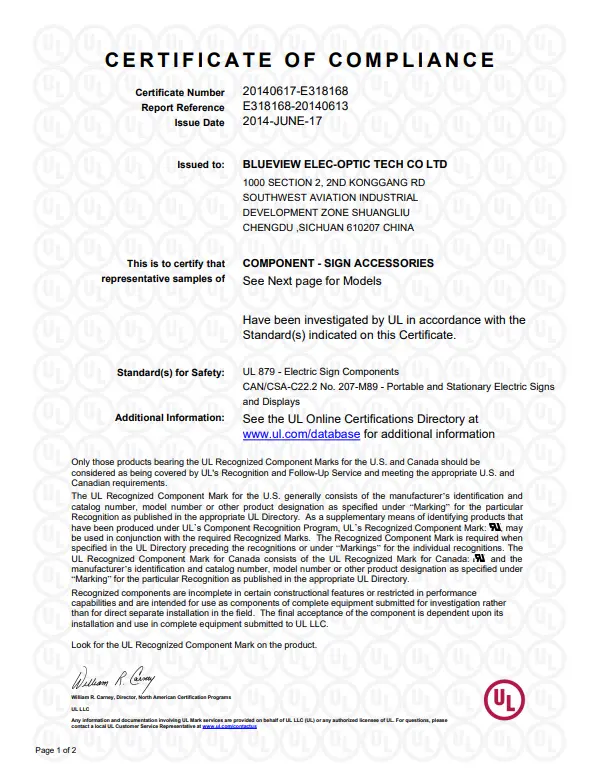 Y SIGNS LED quality certification - business license
